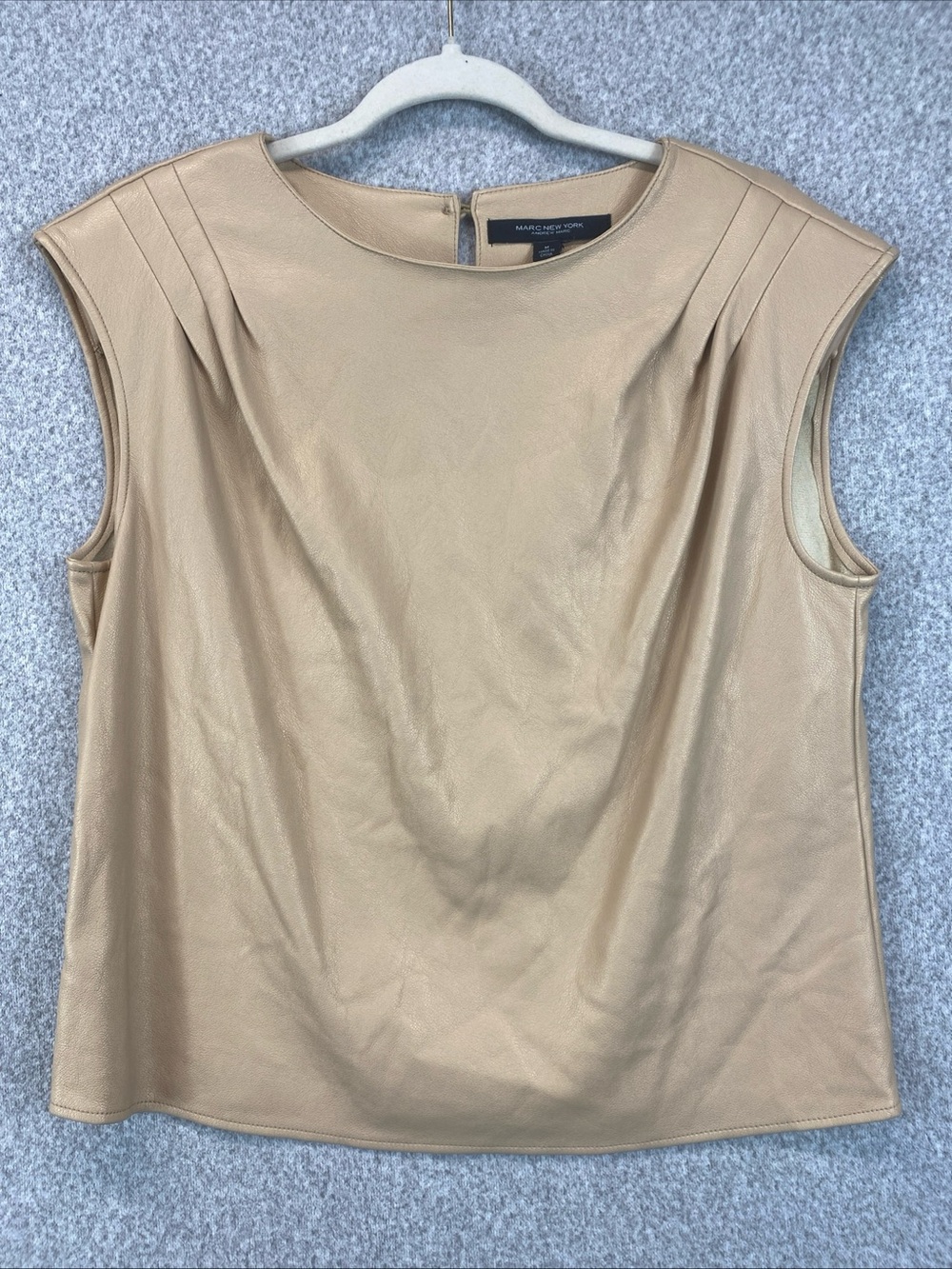 Andrew Marc New York Faux Leather Top Size M Tan Bronze Shimmer Minimalist Chic